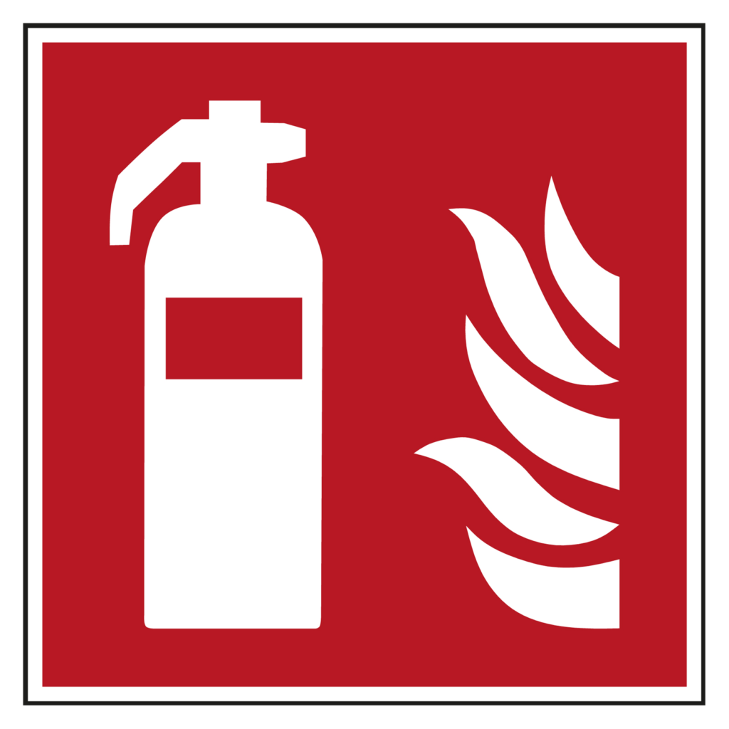 Das Bild enthlt ein Brandschutzzeichen nach ISO7010. Abgebildet ist ein Feuerlscher und eine Flamme als Piktogramm.