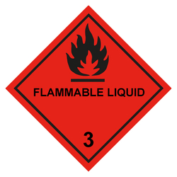 Gefahrzettel, Gefahrgutaufkleber Klasse 3 Entzündbare, flüssige Stoffe mit Zusatztext FLAMMABLE LIQUID, Flamme Schwarz, in verschiedenen Größen und Materialien