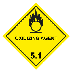 Gefahrzettel, Gefahrgutaufkleber Klasse 5.1 Entzündend (oxidierend) wirkende Stoffe, Flamme über einem Kreis Schwarz mit Zusatztext OXIDIZING AGENT, in verschiedenen Größen und Materialien