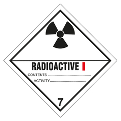 Gefahrzettel, Gefahrgutaufkleber Klasse 7A Radioaktive Stoffe, Strahlensymbol Schwarz mit Zusatztext RADIOACTIVE I, in verschiedenen Größen und Materialien
