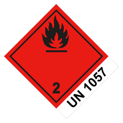 Gefahrzettel, Gefahrgutaufkleber Klasse 2.1 Entzündbare Gase mit UN 1057, Flamme Schwarz, Folie, 100 x 120 mm, 500 Stück/Rolle
