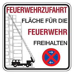 Feuerwehrzufahrt Schild Fläche für die Feuerwehr freihalten mit Halteverbotszeichen Aluminium 2 mm 500 x 500 mm Einzelschild