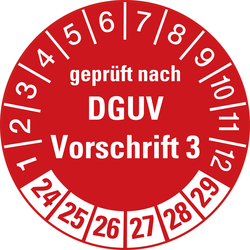 Prüfplaketten rot Ø 30 mm "geprüft nach DGUV Vorschrift 3" 10 Stück/Bogen