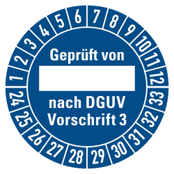 Prüfplaketten blau Ø 30 mm "Geprüft von ... nach DGUV Vorschrift 3" 10 Stück/Bogen