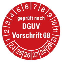 Prüfplaketten rot Ø 30 mm "geprüft nach DGUV Vorschrift 68" 10 Stück/Bogen