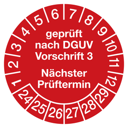 Prüfplaketten rot Ø 30 mm "geprüft nach DGUV Vorschrift 3 Nächster Prüftermin" 10 Stück/Bogen