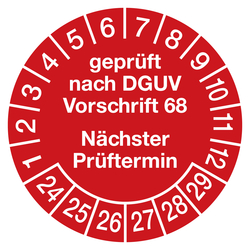 Prüfplaketten rot Ø 30 mm "geprüft nach DGUV Vorschrift 68 Nächster Prüftermin" aus PVC-Folie 10 Stück/Bogen