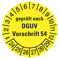 Prüfplaketten gelb Ø 30 mm "geprüft nach DGUV Vorschrift 54" aus PVC-Folie 10 Stück/Bogen