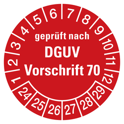 Prüfplaketten rot Ø 30 mm "geprüft nach DGUV Vorschrift 70" aus PVC-Folie 10 Stück/Bogen