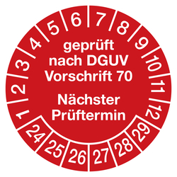 Prüfplaketten rot Ø 30 mm "geprüft nach DGUV Vorschrift 70 Nächster Prüftermin" aus PVC-Folie 10 Stück/Bogen