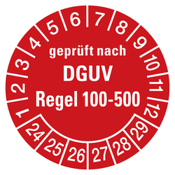 Prüfplaketten rot Ø 30 mm "geprüft nach DGUV Regel 100-500" aus PVC-Folie 10 Stück/Bogen