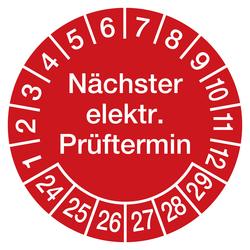 Prüfplaketten rot Ø 30 mm "Nächster elektr. Prüftermin" aus PVC-Folie 10 Stück/Bogen