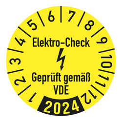 Jahresprüfplaketten gelb Ø 30 mm "Elektro-Check Geprüft gemäß VDE" aus PVC-Folie 10 Stück/Bogen