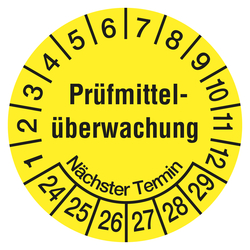 Prüfplaketten gelb Ø 20 mm "Prüfmittelüberwachung Nächster Termin" aus PVC-Folie 10 Stück/Bogen