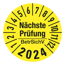 Jahresprüfplaketten gelb Ø 30 mm "Nächste Prüfung BetrSichV" aus PVC-Folie 10 Stück/Bogen