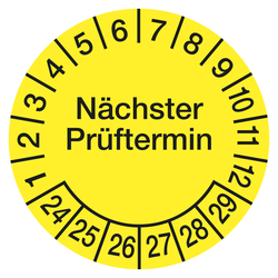 Prüfplaketten gelb Ø 15, 20 oder 30 mm "Nächster Prüftermin" 10 Stück/Bogen