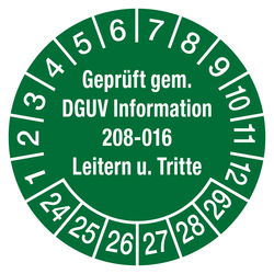 Prüfplaketten grün Ø 30 mm "Geprüft gem. DGUV Information 208-016 Leitern u. Tritte" aus PVC-Folie 10 Stück/Bogen