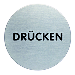 Türschild Piktogramm "DRÜCKEN" Edelstahl gebürstet selbstklebend Ø 65 mm