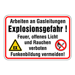 Hinweisschild Brandschutzzeichen "Arbeiten an Gasleitungen Explosionsgefahr! ..."