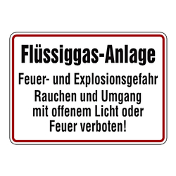 Hinweisschild Brandschutzzeichen "Flüssiggas-Anlage Feuer- und Explosionsgefahr..." Aluminium 350 x 250 mm