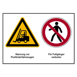 Hinweisschild "Warnung vor Flurförderfahrzeugen / Für Fußgänger verboten" nach DIN EN ISO 7010 Kunststoff 210 x 148 mm