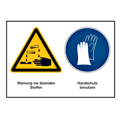 Hinweisschild "Warnung vor ätzenden Stoffen / Handschutz benutzen" nach DIN EN ISO 7010 Aufkleber Folie 210 x 148 mm