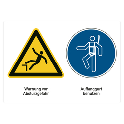 Hinweisschild "Warnung Absturzgefahr / Auffanggurt benutzen" nach DIN EN ISO 7010 Folie 210 x 148 mm