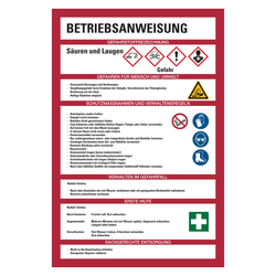 Betriebsanweisung für Säuren und Laugen nach GHS, Kunststoff 200 x 300 mm