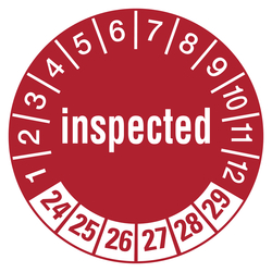 Prüfplaketten rot Ø 30 mm "inspected" aus PVC-Folie 10 Stück/Bogen