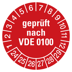 Prüfplaketten rot Ø 30 mm "geprüft nach VDE 0100" aus PVC-Folie 10 Stück/Bogen