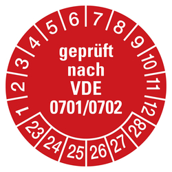 Prüfplaketten rot Ø 30 mm "geprüft nach VDE 0701/0702" aus PVC-Folie 10 Stück/Bogen