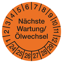 Prüfplaketten orange Ø 30 mm "Nächste Wartung/Ölwechsel" aus PVC-Folie 10 Stück/Bogen