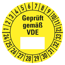 Prüfplaketten gelb Ø 30 mm "Geprüft gemäß VDE" aus PVC-Folie 10 Stück/Bogen