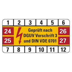 Prüfplaketten 50 x 25 mm "Geprüft nach DGUV Vorschrift 3 und DIN VDE 0701" aus PVC-Folie 10 Stück/Bogen