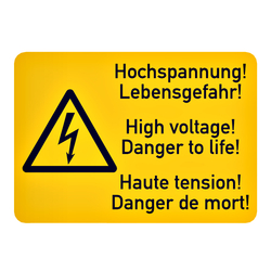 Hinweisschild Kombischild "Hochspannung! Lebensgefahr!" 3-sprachiger Aufkleber 105 x 74 mm Einzeletikett