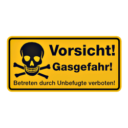 Hinweisschild "Vorsicht! Gasgefahr! Betreten durch Unbefugte verboten" Aluminium gelocht 350 x 170 mm