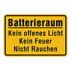 Hinweisschild gelb "Batterieraum Kein offenes Licht Kein Feuer Nicht Rauchen" Kunststoff 300 x 200 mm