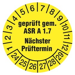 Prüfplaketten gelb Ø 30 mm "geprüft gem. ASR A 1.7 Nächster Prüftermin" aus PVC-Folie 10 Stück/Bogen