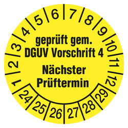 Prüfplaketten gelb Ø 30 mm "geprüft gem. DGUV Vorschrift 4 Nächster Prüftermin" aus PVC-Folie 10 Stück/Bogen