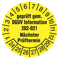 Prüfplaketten gelb Ø 30 mm "geprüft gem. DGUV Information 202-021 Nächster ... " 10 Stück/Bogen