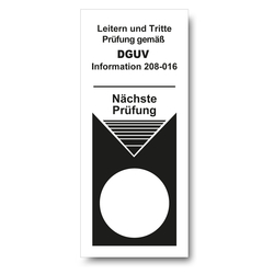 Grundplakette weiß "Leitern und Tritte Prüfung gemäß DGUV Information 208-016 ... " Folie, 40 x 100 mm, 100 Stück/Rolle