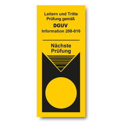 Grundplakette gelb "Leitern und Tritte Prüfung gemäß DGUV Information 208-016 ... " Folie, 40 x 100 mm 100 Stück/Rolle