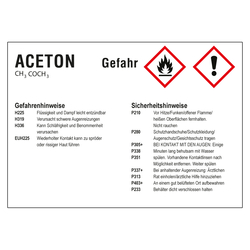 GHS-Kraftstoffetikett Aceton für Zapfsäulen, Kanister und Fässer, Folie selbstklebend, 210 x 148 mm, Einzeletikett