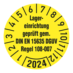 Prüfplaketten Ø 30 mm "Lagereinrichtung geprüft gem. DIN EN 15635 DGUV Regel 108-007" aus PVC-Folie 10 Stück/Bogen