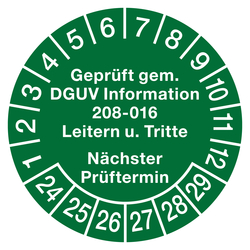 Prüfplaketten Ø 30 mm"Geprüft gem. DGUV Information 208-016 Leitern u. Tritte, Nächster Prüftermin" aus PVC-Folie 10 Stück/Bogen