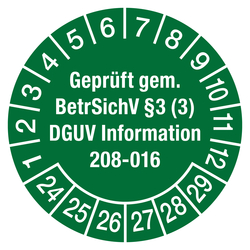 Prüfplaketten grün Ø 30 mm"Geprüft gem. BetrSichV §3 (3) DGUV Information 208-016" aus PVC-Folie 10 Stück/Bogen