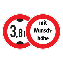 Verkehrsschild "Verbot für Fahrzeuge über angegebene Höhe einschließlich Ladung" mit Wunschhöhe Alu refl. RA1 Ø 420 mm