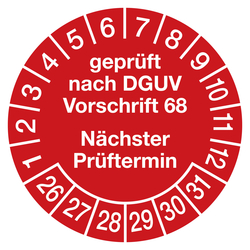 Prüfplaketten rot Ø 30 mm "geprüft nach DGUV Vorschrift 68 Nächster Prüftermin" 2026 aus PVC-Folie 10 Stück/Bogen