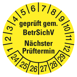 Prüfplaketten gelb Ø 30 mm "geprüft gem. BetrSichV Nächster Prüftermin" aus PVC-Folie 10 Stück/Bogen