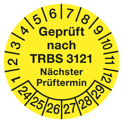 Prüfplaketten Ø 30 mm "Geprüft nach TRBS 3121 Nächster Prüftermin" aus PVC-Folie 10 Stück/Bogen